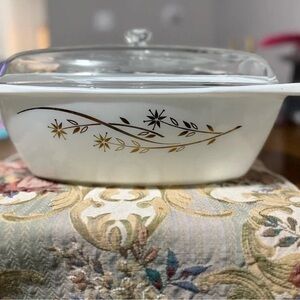 Pyrex White Casserole Dish with Gold Floral Pattern